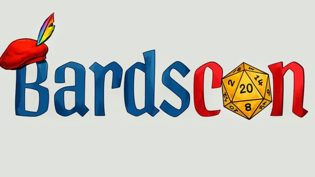 The logo for "Bardscon" features the word "Bardscon" in bold, colorful letters. The letter "B" is adorned with a red bard's hat topped with a vibrant feather, while the letter "d" is accompanied by a yellow twenty-sided die, emphasizing the tabletop gaming theme. The overall design is playful and inviting, reflecting the event's focus on tabletop gaming and community.