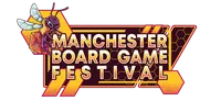 A vibrant logo for the Manchester Board Game Festival features a stylized bee holding a red dice, set against a geometric background of yellow and maroon. The text "MANCHESTER BOARD GAME FESTIVAL" is prominently displayed in bold, white letters, with a dynamic design that includes hexagonal shapes and lines. The overall aesthetic conveys a fun and energetic atmosphere, suitable for a board game event.
