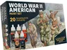 A paint set titled "World War II American Paint Set" features a box design showcasing three American soldiers in historical uniforms, set against a backdrop of crumbling walls. The box includes five paint bottles prominently labeled "WARPAINTS FANATIC," with colors such as "Dark Drab," "Medium Drab," "Paratrooper Tan," "Tang Red," and "Ensign Blue." The text emphasizes "20 WARPAINTS FANATIC" and "AUTHENTIC COLOURS FROM HISTORICAL SOURCES," highlighting the set's focus on historical accuracy.