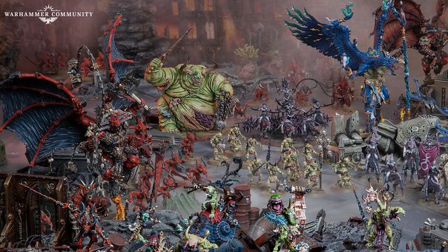 A dynamic scene showcases a variety of Warhammer miniatures representing the forces of Chaos. Prominently featured is a large, green-skinned figure, the Lord of Poxes, wielding a weapon and surrounded by smaller, grotesque Nurgle-themed models. In the foreground, red-armored Khorne warriors and other chaotic entities are depicted, set against a backdrop of ruined structures and a smoky atmosphere, emphasizing the dark and chaotic nature of the 41st millennium.