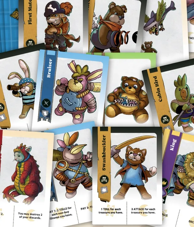 Colorful illustrated cards of plush toy characters in fantasy roles, with titles like Bruiser, Swashbuckler, King.