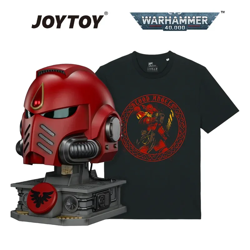 Red Space Marine helmet on stand, black t-shirt with Blood Angels logo, JOYTOY and WARHAMMER 40,000 text.