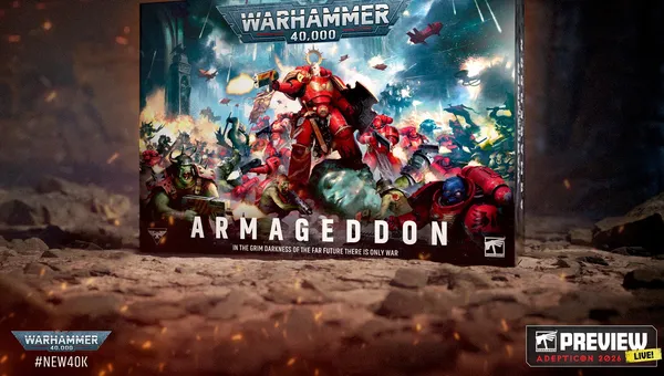 A dynamic box cover for "Warhammer 40,000: Armageddon" features a fierce battle scene between Space Marines and Orks. Prominent in the foreground is a red-armored Space Marine wielding a bolter, while various Ork figures are depicted in aggressive poses. The title "ARMAGEDDON" is displayed boldly at the bottom, accompanied by the tagline "In the grim darkness of the far future there is only war."