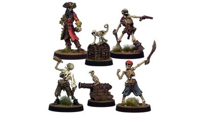 A set of five miniatures features a quartet of Skeleton Pirates and their companions. The swashbuckling captain stands prominently, dressed in a red coat and tricorn hat, while a skeletal monkey perches on a treasure chest beside him. The crew includes three additional skeletons: one holding a bottle, another brandishing a sword, and the last aiming a pistol, with a skeletal parrot sitting atop a cannon.