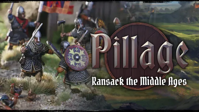 A stylized logo for the game "Pillage" features bold, metallic lettering with a wooden shield backdrop, emphasizing the theme of ransacking during the Middle Ages. In the background, Viking warriors are depicted, equipped with shields and weapons, set against a scenic landscape that includes rolling hills and distant fortifications. The subtitle "Ransack the Middle Ages" is displayed prominently beneath the main title, highlighting the game's focus on narrative-driven skirmishes.