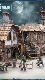 A detailed fantasy market square scene features various buildings, including a large inn and cottages, all designed with intricate textures and colors. Miniature figures, including skeletal warriors and a creature, are positioned throughout the scene, interacting with the environment. The backdrop includes a cloudy night sky with a prominent moon, enhancing the atmospheric setting.