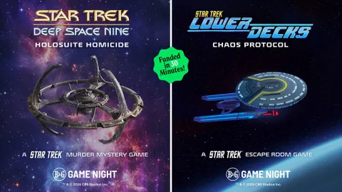 The image features two promotional designs for tabletop games set in the Star Trek universe. On the left, "Deep Space Nine: Holosuite Homicide" showcases the iconic space station, surrounded by a cosmic backdrop, emphasizing its theme as a murder mystery game. On the right, "Lower Decks: Chaos Protocol" displays the USS Cerritos, also set against a starry background, highlighting its nature as an escape room game. A green badge states "Funded in 30 Minutes!" indicating the successful crowdfunding of these games.