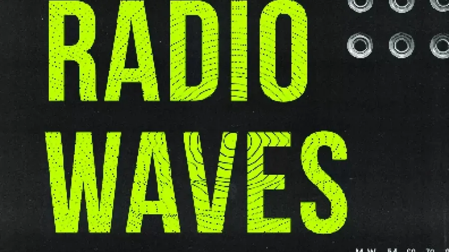 Cover art for Radio Waves RPG. Black background with large neon-green text reading "RADIO WAVES" and "A MICRO RPG ABOUT SURVIVAL." Bottom right shows a vintage radio dial with MHz tuning knob and speaker grille.