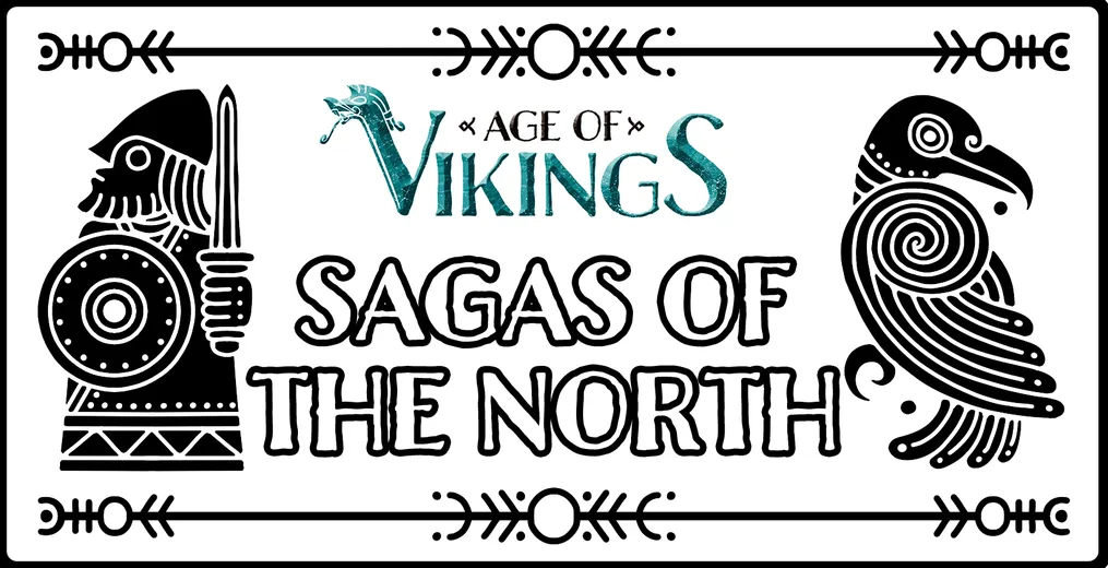 A stylized illustration features a Viking warrior wearing a helmet and holding a round shield, depicted in black against a white background. Above the warrior, the title "AGE OF VIKINGS" is displayed in a bold, turquoise font, while below, the words "SAGAS OF THE NORTH" are presented in a playful, black typeface. Decorative elements, including arrows and patterns, frame the image, enhancing its thematic connection to Viking culture.