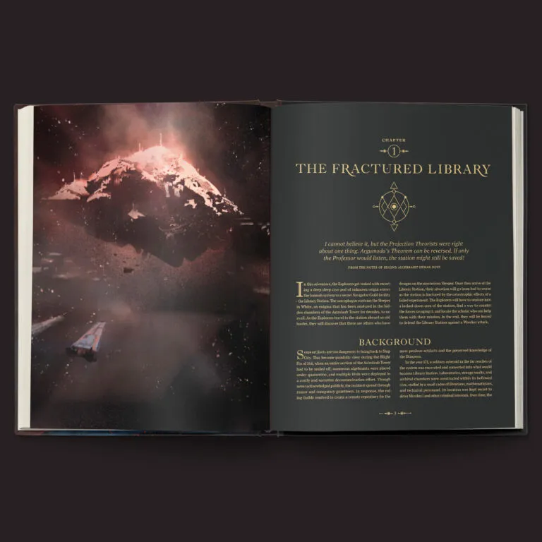 A visually striking open book features the chapter titled "The Fractured Library," with elegant gold lettering on a dark background. The left page displays a dramatic image of a fragmented space station, surrounded by swirling cosmic elements, while the right page contains text detailing the chapter's background and narrative. The overall aesthetic combines a sense of mystery and adventure, fitting for a science fiction roleplaying game.