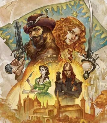 A vibrant illustration features four characters from the 7th Sea tabletop role-playing game, each embodying the swashbuckling spirit of the setting. On the left, a rugged man in a tricorn hat holds a pistol, while a confident woman with curly red hair brandishes a sword beside him. In the center, a woman in a green dress gestures with a quill, and to the right, a brooding figure in dark clothing stands with a serious expression. The background includes a stylized flag and hints of a fantastical cityscape, enhancing the adventurous atmosphere of Theah.