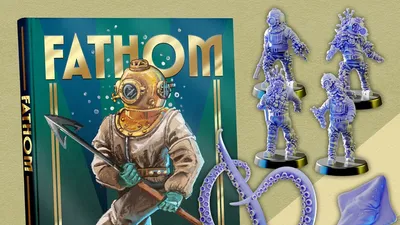 Fathom game box, diver in suit, octopus model, and miniatures.