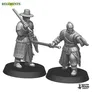 Two gray miniatures of armed soldiers in traditional Korean-inspired armor on black bases.