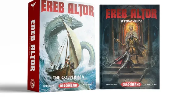 Two books titled "Ereb Altor" are displayed side by side. On the left, "The Copper Sea" features an illustration of a large sea serpent alongside a sailing ship, with waves crashing around them. On the right, the "Ereb Altor Setting Guide" showcases a dramatic scene of a knight in armor confronting skeletal figures, with a stained glass window depicting a saint in the background. Both covers prominently feature the title "Ereb Altor" in bold red letters.