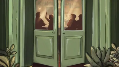 A green double door with glass panels, slightly ajar, showing silhouettes of people inside a dimly lit room. Above the door, a backlit sign reads "AMICI DI SEMPRE" in large, elegant letters, with a smaller sign below it reading "RULEBOOK" in bold, red letters. The door is framed by green curtains, and decorative plants with large leaves flank the base of the door.