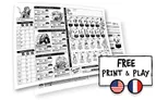 Black-and-white fantasy adventure sheet titled "ONE PAGE QUEST" with illustrated characters, dice icons, and grid-based combat. Includes text boxes with instructions, dice combinations, and a "LEVELS" section. Overlaid sticker reads "FREE PRINT & PLAY" with US flag and dice graphic.