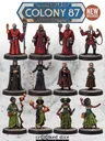 12 painted sci-fi miniatures in 3 rows, various robes and weapons.