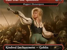 A fantasy card titled "Call Out the Goblins!" under Boggart Shenanigans. A woman with blonde hair, green pants, and a white shirt stands in a battle pose, holding a staff, surrounded by goblins in helmets and armor.