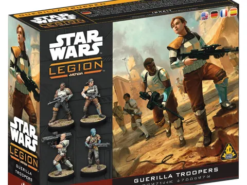 Boxed Star Wars: Legion set labeled "Guerrilla Troopers." Features seven miniatures: two standing female troopers in desert gear, one holding a rifle; five smaller figures in varied poses, some with weapons. Background shows rocky terrain with distant structures.