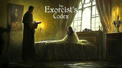 A dimly lit room features a figure in a dark robe holding a book, standing beside a bed where a young woman with long hair sits, wrapped in a light-colored blanket. The atmosphere is tense, with flickering candlelight casting shadows on the ornate wallpaper and a large window revealing a gloomy exterior. The title "The Exorcist's Codex" is prominently displayed at the top of the image.