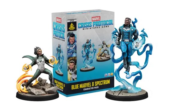 A character pack for the Marvel: Crisis Protocol game features two dynamic miniatures: Blue Marvel, depicted in a blue and black suit with energy effects around him, and Spectrum, shown in a black and white suit with a star emblem, holding an energy orb. The pack is displayed alongside its colorful box, which includes artwork of both characters and the title "BLUE MARVEL & SPECTRUM CHARACTER PACK." The background includes rocky terrain, enhancing the superhero theme.