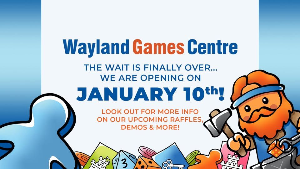 A colorful promotional graphic announces the opening of the Wayland Games Centre in Brentwood. The text highlights that the grand opening is on January 10th, with an invitation to join the all-day launch party featuring gaming, prizes, and food. A cartoonish character with an orange beard and a blue headband holds a hammer, adding a playful touch to the design, which includes various gaming-related icons in the background.