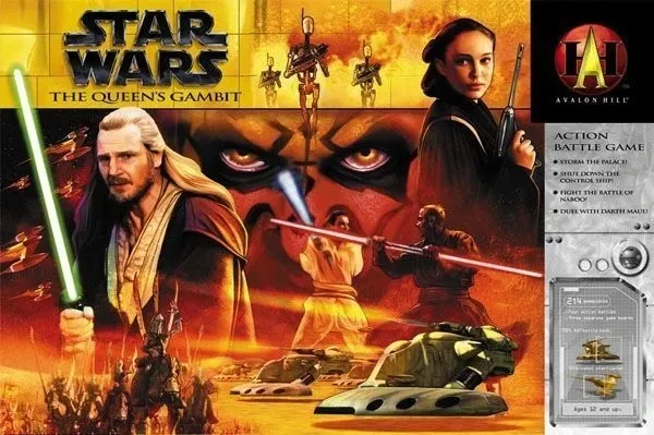 The box cover of "Star Wars: The Queen's Gambit" features a dramatic and colorful illustration showcasing key characters from the Star Wars universe. Prominent figures include Qui-Gon Jinn, wielding a lightsaber, and Padmé Amidala, alongside a backdrop of battle scenes with droids and vehicles. The title is displayed at the top in bold letters, with the Avalon Hill logo in the bottom right corner, emphasizing its identity as an action battle game.