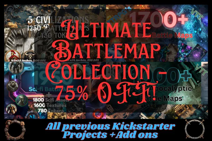 A vibrant promotional graphic showcases the "Ultimate Battleground Collection," featuring a collage of various battle maps and tokens. The text prominently displays "ULTIMATE BATTLEMAPP COLLECTION" and "75% OFF!" in bold, eye-catching fonts. Background images include a mix of fantasy and sci-fi themes, highlighting the extensive range of over 1700 battle maps available, along with references to previous Kickstarter projects and add-ons.