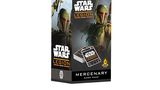 A box for the "Star Wars: Legion Mercenary Card Pack" features striking artwork of two armored characters, reminiscent of bounty hunters, set against a dark background. The box prominently displays the "Star Wars: Legion" logo and includes images of the card contents, with a warning symbol indicating it is an expansion pack. The overall design is sleek and thematic, appealing to fans of the Star Wars universe.