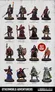 A collection of miniatures features various adventurers, including a thief with a shortsword, a magic user with a snake staff, a druid with a scimitar, and a paladin with a plate and shield. Other characters include an assassin, monk, barbarian with a spear, illusionist, sorcerer with a wand and scroll, ranger, and an old druid with a staff. Each figure is intricately detailed and set against a light background, with a prominent "OUT NOW!" label in red.