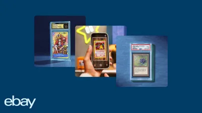 Graded trading card in a case, hand holding phone scanning a Pokémon card, eBay logo.