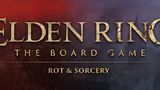 The image features the title "ELDEN RING: THE BOARD GAME" prominently displayed in a bold, metallic font, with the subtitle "ROT & SORCERY" beneath it. The background transitions from deep red to dark purple, evoking a sense of mystery and decay, while subtle textures suggest a fantastical landscape. The overall design reflects the themes of the Elden Ring universe, hinting at adventure and exploration.