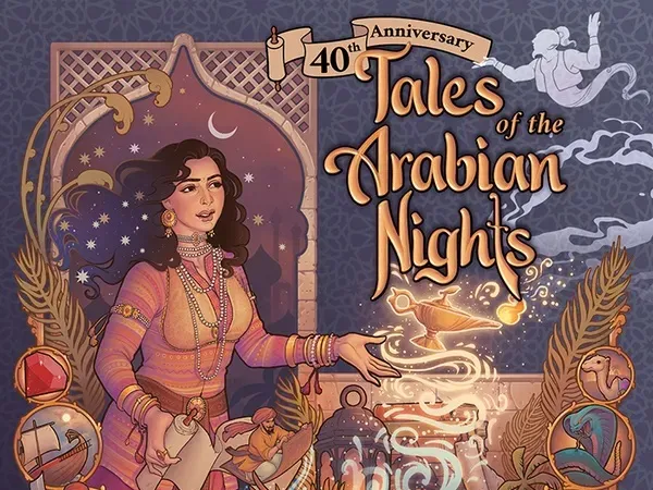 A richly illustrated cover for the "40th Anniversary Tales of the Arabian Nights" board game features a woman in traditional attire, holding a magical lamp that emits swirling wisps of light. Surrounding her are various fantastical elements, including mythical creatures like a griffin and a dragon, as well as iconic symbols from the Arabian Nights tales. The title is prominently displayed in an ornate font, with the text "The Legendary Storytelling Game by Eric Goldberg" at the bottom.