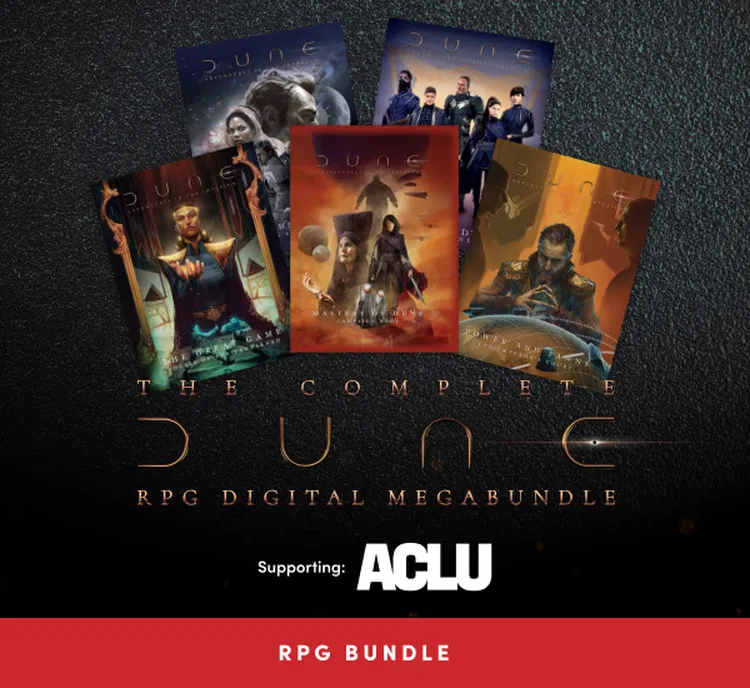 A collection of digital covers for the Dune RPG Megabundle is displayed, featuring various characters and scenes from the Dune universe. The covers include vibrant artwork showcasing elements like sandworms, desert landscapes, and iconic characters, all set against a dark textured background. At the bottom, a red banner states 