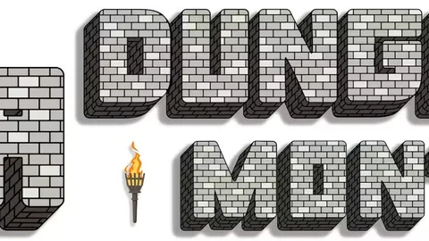 Bold, blocky text spells out "MEGA DUNGEON MONTH" in a stone brick style, evoking a dungeon-like atmosphere. A stylized torch with a flame is positioned to the right of the text, adding to the adventurous theme. The overall design is eye-catching and fits the tabletop gaming aesthetic, suggesting a focus on dungeon crawling and RPG content.