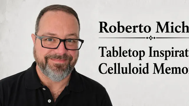 Man with glasses and beard, text: "Roberto M Tabletop In Celluloid M"
