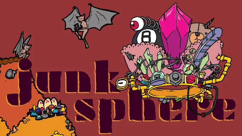 Stylized illustration featuring two characters against a deep red background. On the left, a humanoid figure with cat-like features, including pointed ears and a tail, clings to a large, jagged, gray winged shape resembling a broken or floating structure. The figure wears a sleeveless top and shorts.

On the right, a humanoid robot with a round head, a single large eye, and a mechanical body stands atop a pile of colorful debris. The robot wears a belt with tools or objects attached and holds a wrench in one hand. Surrounding the robot are various mechanical parts, gears, and what appear to be broken or discarded items.

In the center, large bold letters spell out "JUNKSPHERE" in a mix of black and yellow, with a distressed or grunge texture. The letters cast shadows, giving them a three-dimensional effect. In the bottom left corner, a small character with a round body and antennae stands next to a stack of books or crates.