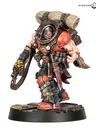 A muscular character from Necromunda stands confidently, wielding a large weapon in one hand. He wears a mix of dark and vibrant armor, featuring orange and black accents, and has a large backpack with rolled-up materials. His fierce expression and detailed gear, including various pouches and a utility belt, emphasize his menacing presence.