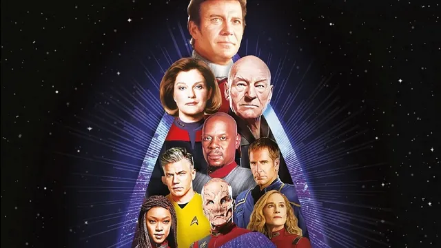 A starfield background with the text "STAR TREK ADVENTURES" at the top. Below, a group of nine characters from Star Trek are arranged in a triangular formation. The characters are from various series and include both human and alien figures, all wearing Starfleet uniforms or other recognizable attire. The arrangement is set against a glowing, triangular warp trail effect.