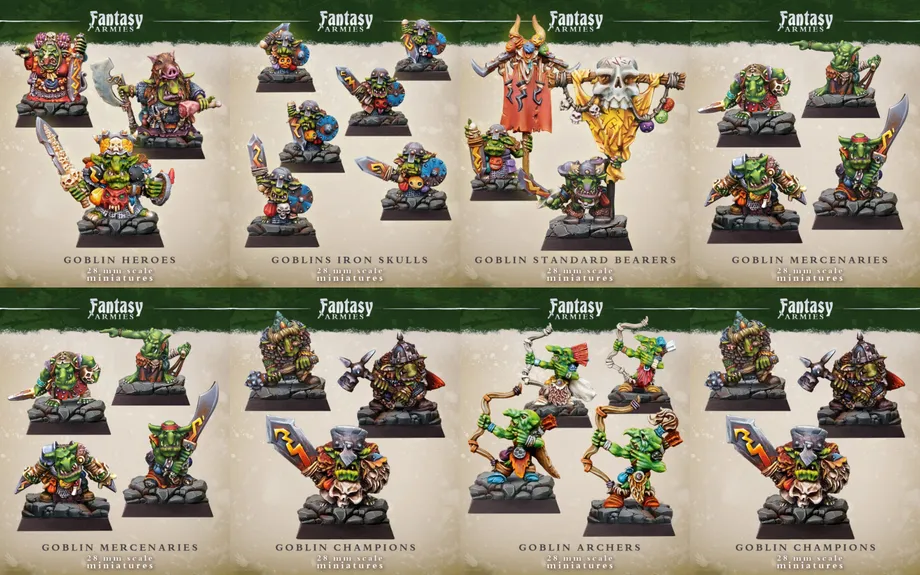 A collection of colorful goblin miniatures is displayed, featuring various character types including heroes, champions, standard bearers, and Iron Skulls. Each miniature is intricately designed, showcasing unique details and poses, with vibrant colors that highlight their personalities. The bottom section includes goblin archers and mercenaries, all presented on 25mm square bases, emphasizing their role in a fantasy warband or army.