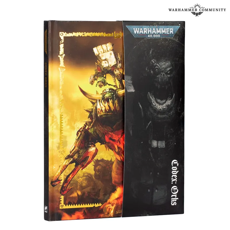 Codex: Orks book cover with Ork warrior and Warhammer 40,000 logo.