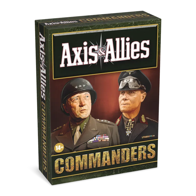 A box for "Axis & Allies: Commanders" features a striking illustration of two historical military leaders. On the left, a U.S. General in a uniform adorned with medals and a helmet, and on the right, a German Field Marshal in a dark uniform with distinctive insignia. The title "Axis & Allies" is prominently displayed at the top, with "COMMANDERS" in bold gold letters at the bottom, and a small age recommendation of "14+" in the lower corner. The background is a gradient of warm colors, enhancing the dramatic presentation.