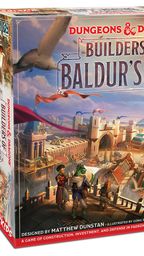 A colorful game box for "Builders of Baldur's Gate," featuring the title prominently at the top along with the "Dungeons & Dragons" logo. The artwork depicts a vibrant cityscape of Baldur's Gate, showcasing various buildings, towers, and characters, including a humanoid figure in a green outfit and others engaged in activities. The box also includes the designer's name, Matthew Dunstan, and the publisher's logo, WizKids, at the bottom.