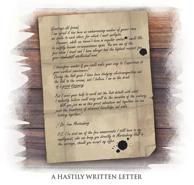 A handwritten letter on aged paper with ink blots, wooden background. Text: "A HASTILY WRITTEN LETTER"