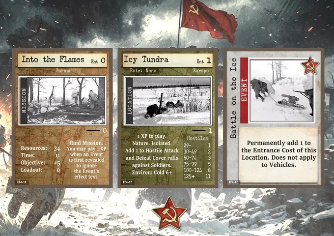 Three cards from a tabletop game. The first card, titled "The Flames," has a black-and-white photo of soldiers in a wooded area, text reading "Raid Mission. You may pay 1 XP when an Event is first revealed to ignore the Event's effect text," and a cost of 0. The second card, titled "Icy Tundra," has a black-and-white photo of soldiers in a snowy landscape, text describing it as a location with effects on hostile attack and defeat cover rolls, and a cost of 1. The third card, titled "Battle on the Ice," has a black-and-white photo of a soldier in winter gear, text reading "Permanently remove the Entrance Card from this Location. Does not apply to Vehicles," and a red "EVENT" label. In the background, a red flag with a yellow hammer and sickle emblem and a red star with the same emblem are visible.
