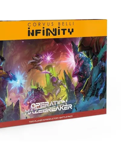 A vibrant box cover for "Operation: Mazebreaker," featuring dynamic artwork that showcases a battle scene between futuristic soldiers and robotic figures. The left side displays Nomads with cyberpunk aesthetics, while the right side features high-tech ALEPH units, all set against a colorful, abstract background filled with energy effects and sci-fi elements. The title "OPERATION MAZEBREAKER" is prominently displayed at the center, with branding for Corvus Belli's Infinity game at the top.