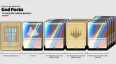 Four Magic: The Gathering God Pack cards displayed: one foil land with prismatic rainbow effect, three foil default frame rare/mythic rare cards. Left, a gold celebration card with text "YOU DID IT!" and "Get out the popcorn, you opened a God Pack!"