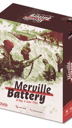 A box for the board game "Merville Battery" features a dramatic illustration of soldiers in a grassy landscape, preparing for an assault. The title "Merville Battery" is prominently displayed in bold, stylized text, with the subtitle "D-Day, 6 June 1944" beneath it. The color palette includes muted greens and reds, enhancing the historical theme of the game.