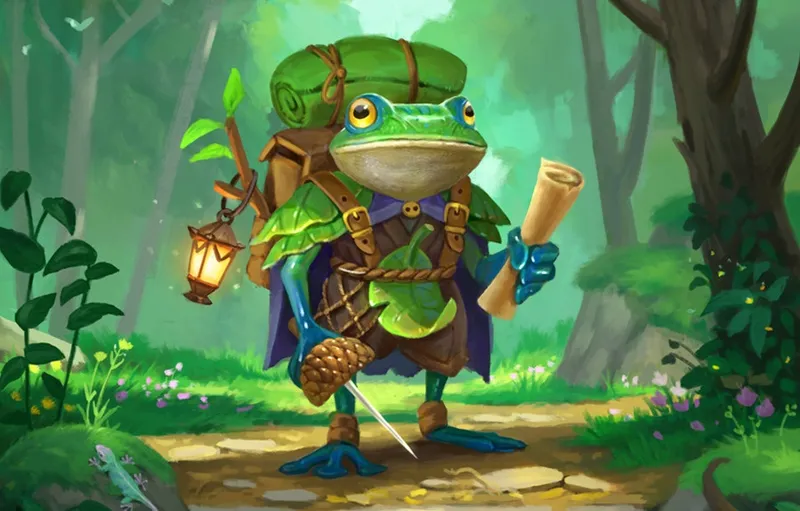 Anthropomorphic frog-like character standing on a stone path in a lush, green forest. The character has large, round eyes with orange irises, and wears a wide-brimmed hat with a rolled blanket or cloak tied on top. A brown leather vest with multiple straps and buckles covers a dark purple shirt. The character carries a lit lantern in one hand and a sheathed sword in the other, with the sword partially drawn. They have webbed feet and wear blue gloves. The background shows tall trees, mist, and scattered pink and purple flowers. The art style is vibrant and stylized.