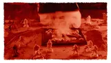 Miniature figures on a game board with a large monolith and a hand reaching towards them.